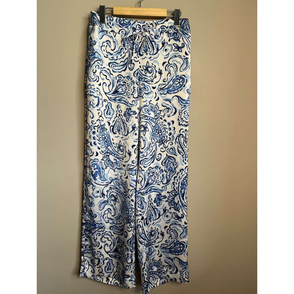 Talbots White Wide-Leg Pants with Blue Paisley Print